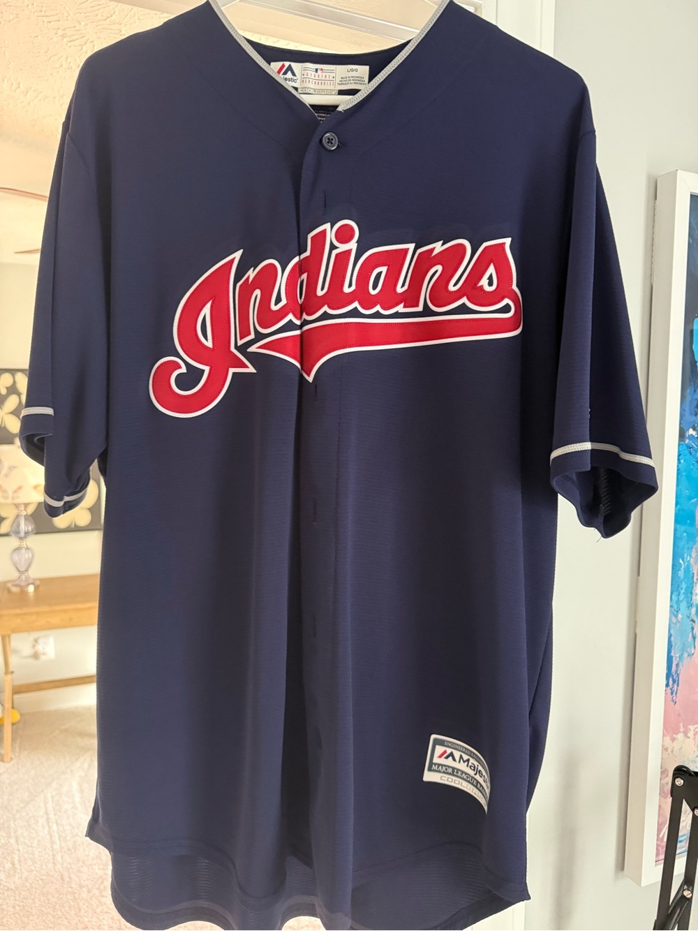 Majestic Navy Cleveland Indians Script Baseball Jersey with Red Logo